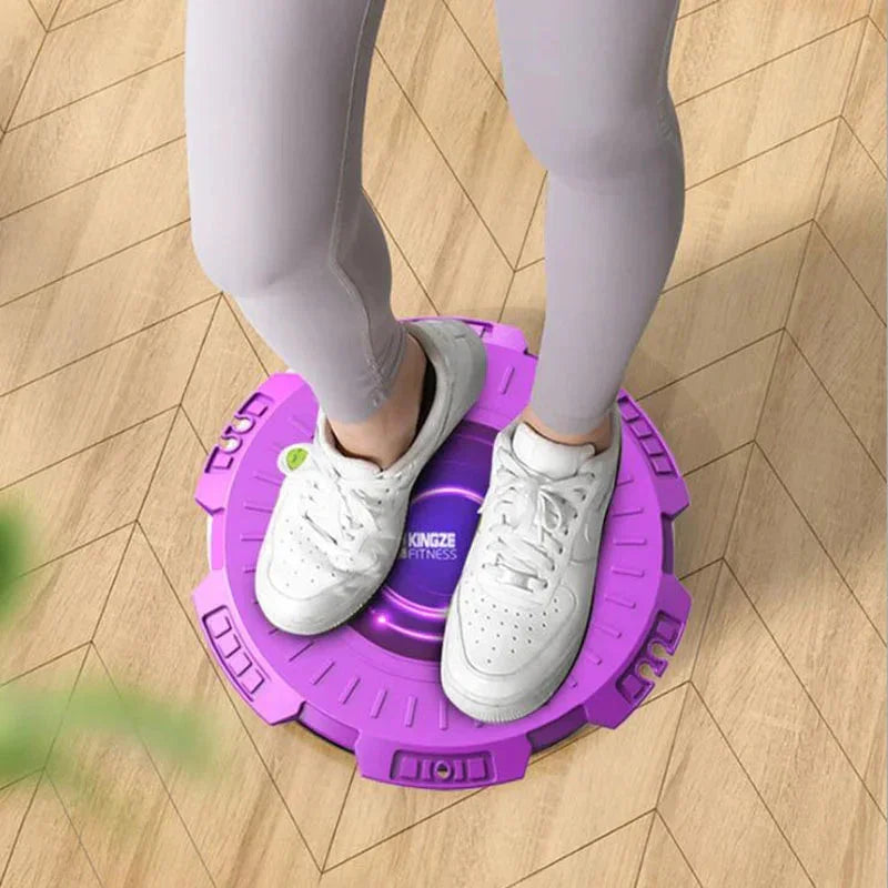 Woman standing on purple fitness balance board for home workout on wood floor