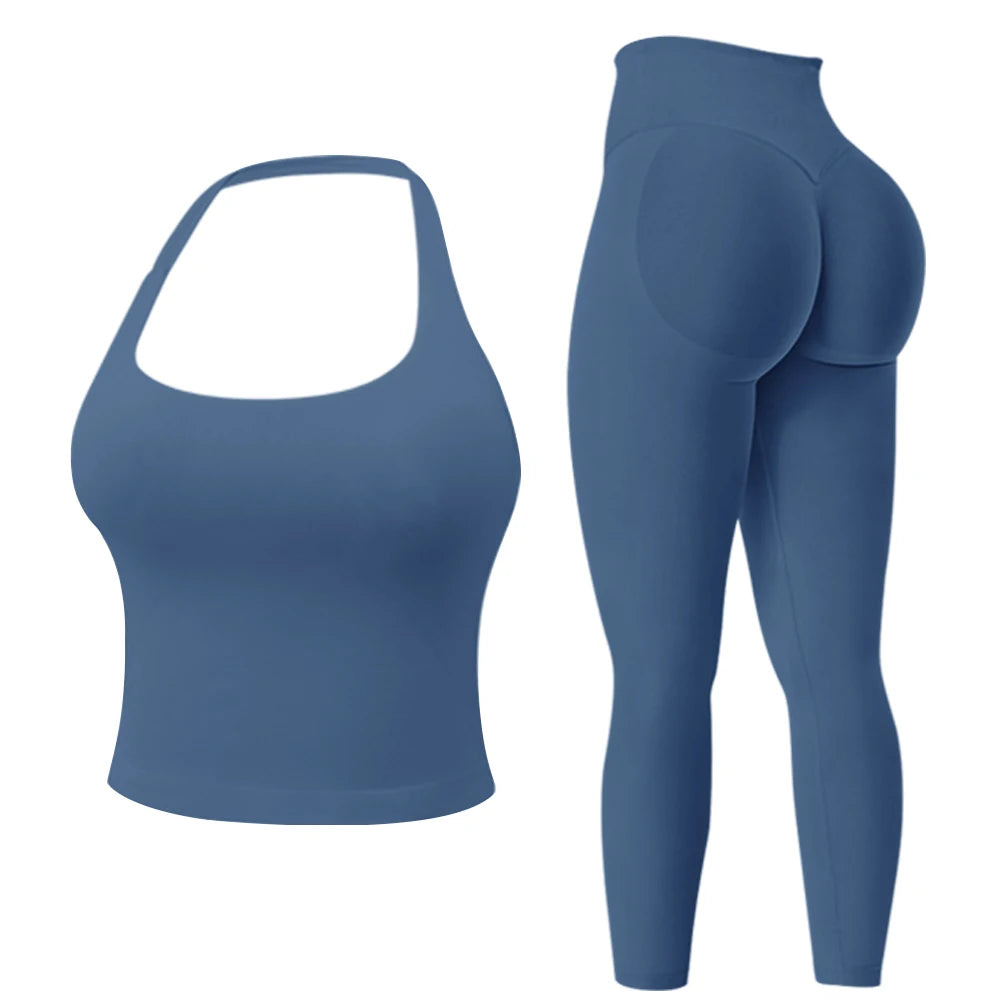 Workout Sets for Women 2 Pieces, Women's Impact Halter Tank Top+ Hidden Scrunch Butt Workout Leggings, Women Seamless