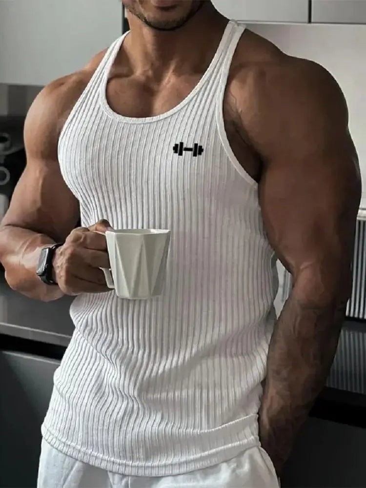 Gym Bodybuilding Fitness Slim Fit Tank Tops Mens Workout Muscle Sleeveless Shirt Fashion Vertical Stripe Knitted Quick Dry Vests