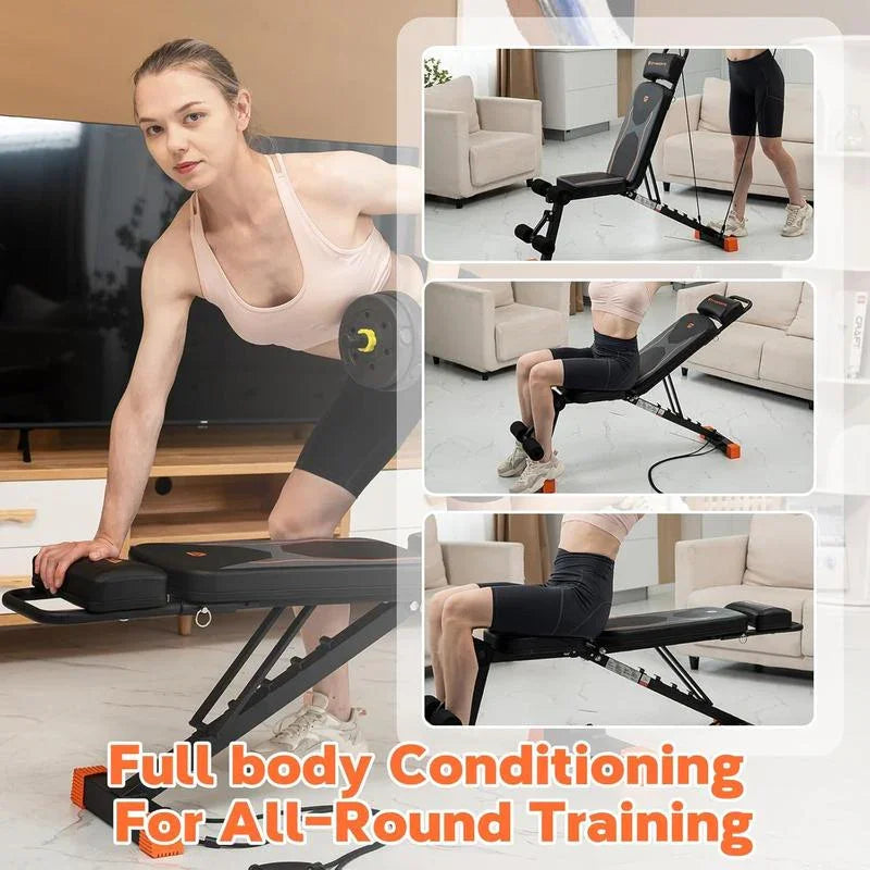 Woman using adjustable home gym bench for full body workouts in living room setting
