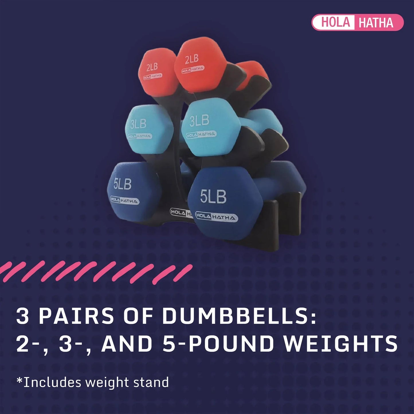 Set of neoprene dumbbells in 2, 3, and 5 pound weights with stand, ideal for home gym workouts