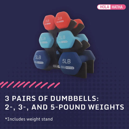 Set of neoprene dumbbells in 2, 3, and 5 pound weights with stand, ideal for home gym workouts