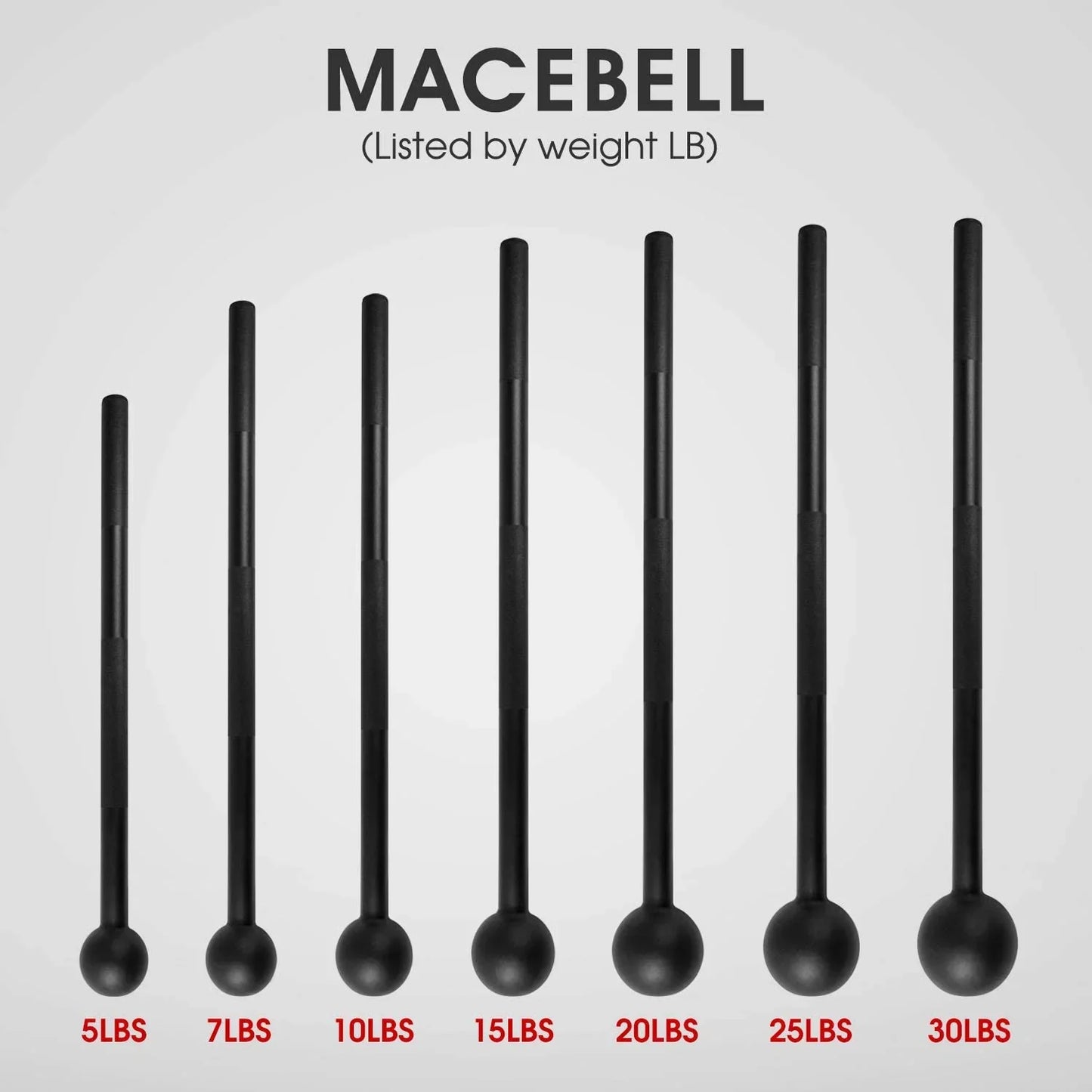 Set of black steel macebells in different weights for strength and functional fitness training