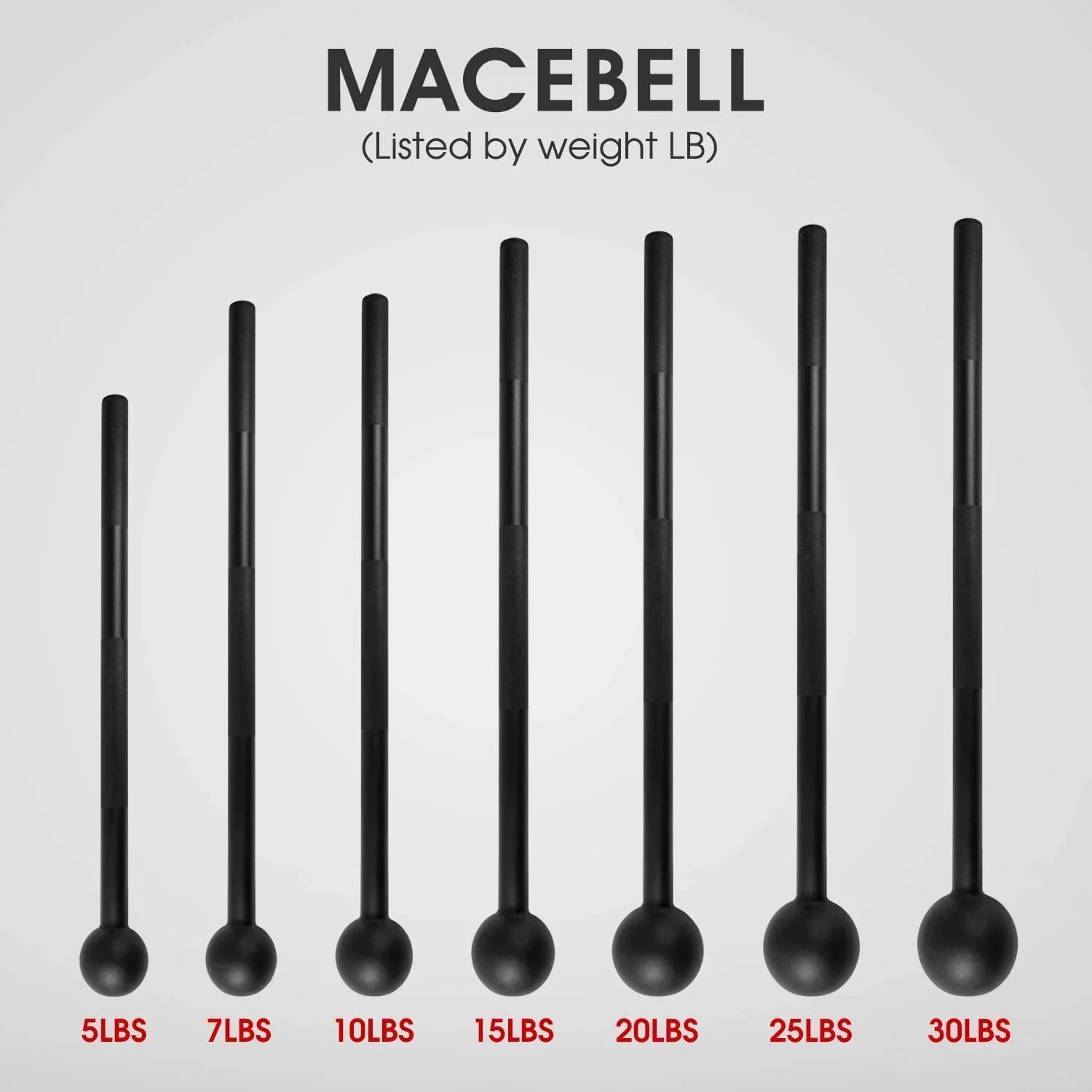 Set of black steel macebells in different weights for strength and functional fitness training
