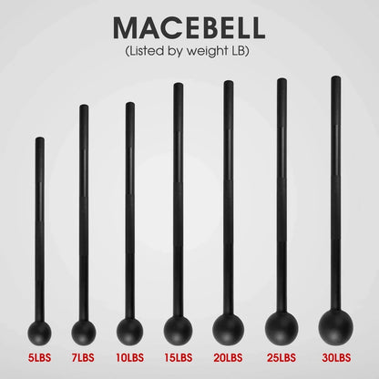 Set of black steel macebells in different weights for strength and functional fitness training