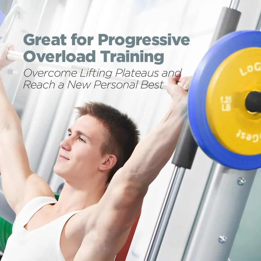 Man lifting barbell with weight plates in gym, progressive overload training equipment