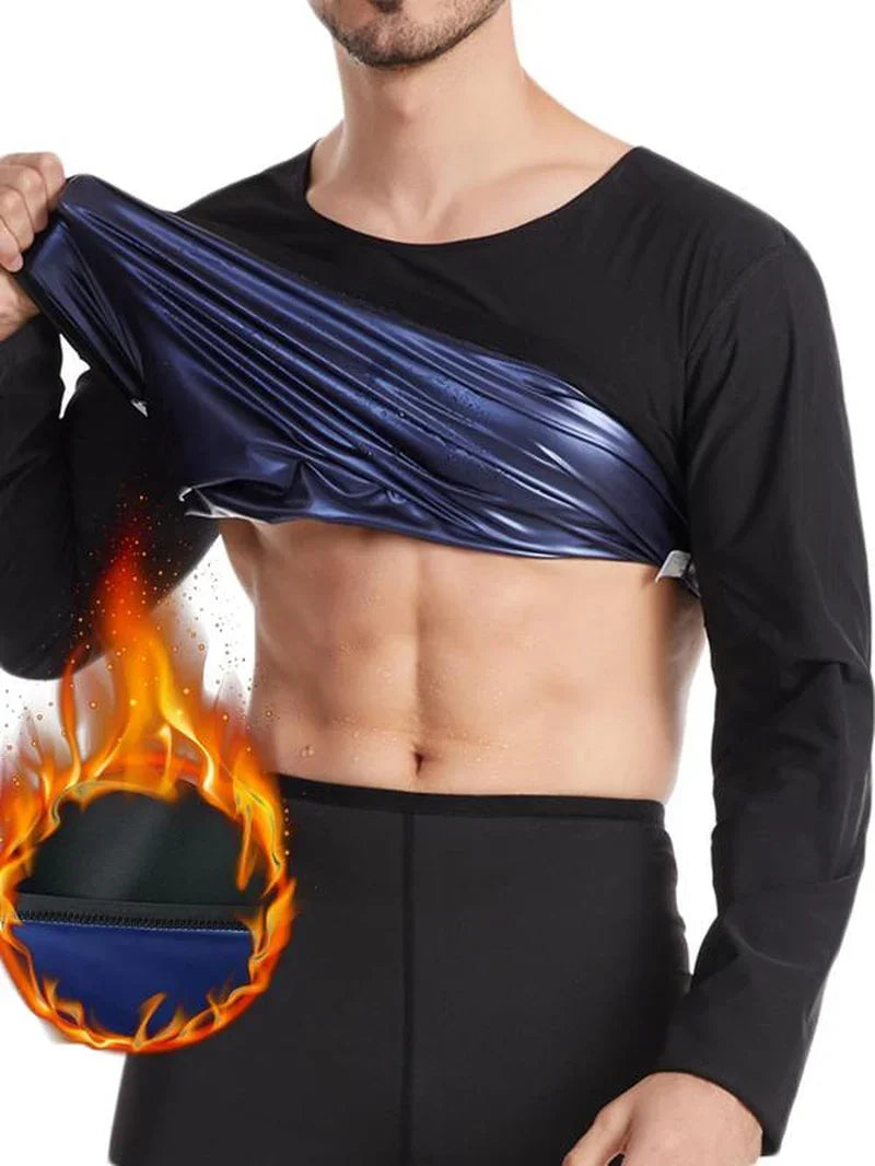 Man wearing a sweat-enhancing sauna shirt for workouts, showing heat retention inner lining