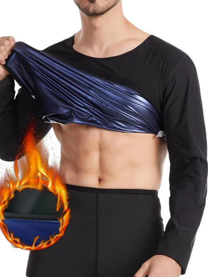Man wearing a sweat-enhancing sauna shirt for workouts, showing heat retention inner lining