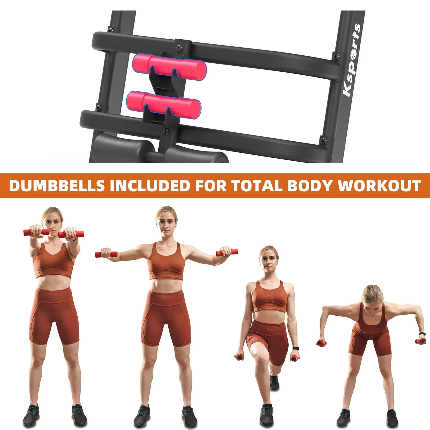 Woman using pink dumbbells for full body workout exercises, home fitness equipment shown
