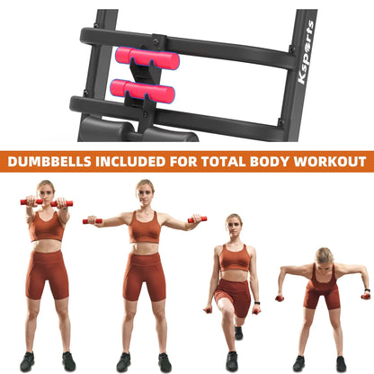 Woman using pink dumbbells for full body workout exercises, home fitness equipment shown