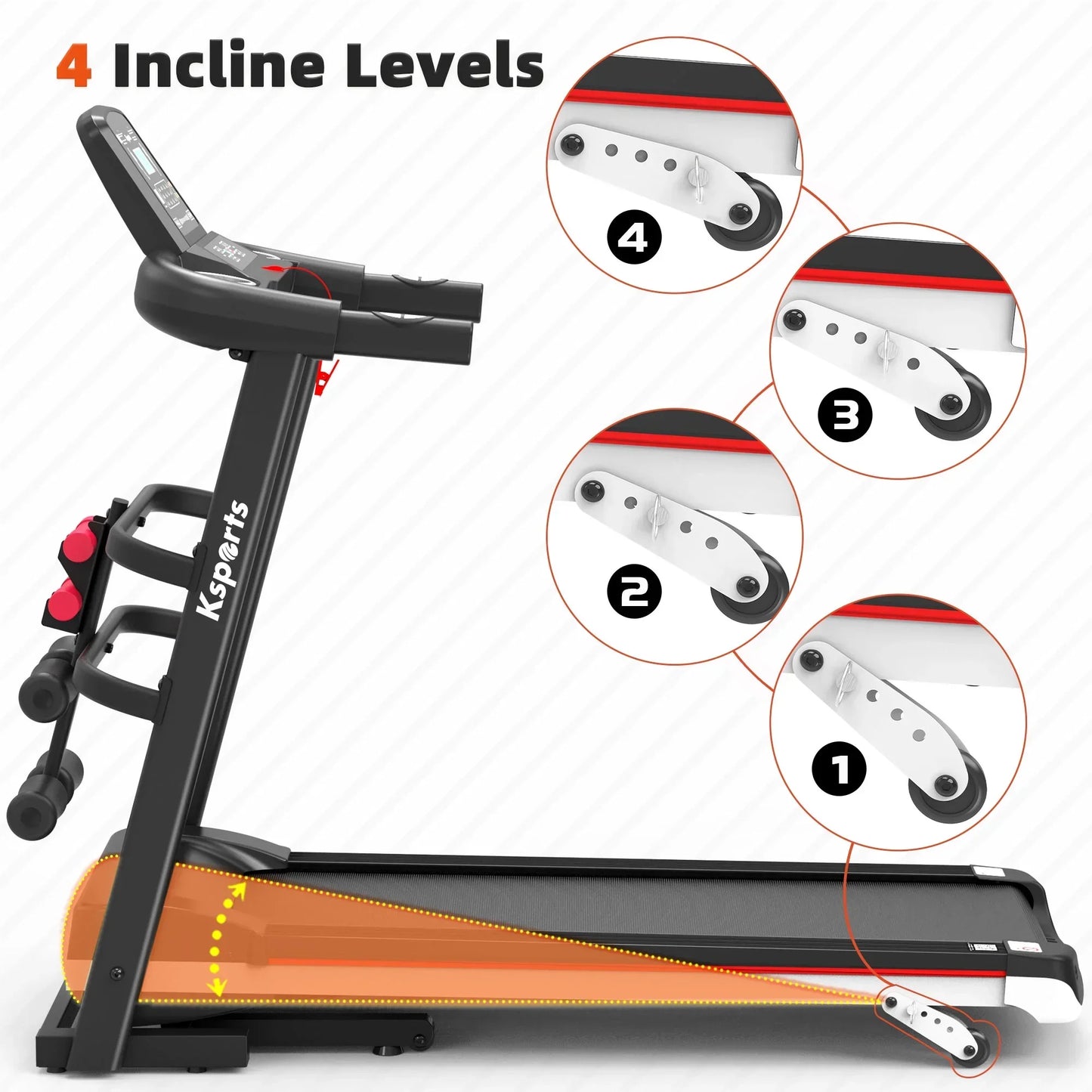 Treadmill with 4 incline levels, adjustable workout equipment for home gym fitness