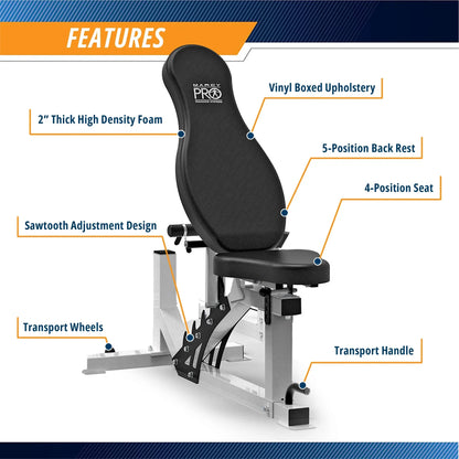 Adjustable workout bench with high-density foam, vinyl upholstery, multiple seat and back positions, sawtooth adjustment, and transport wheels.