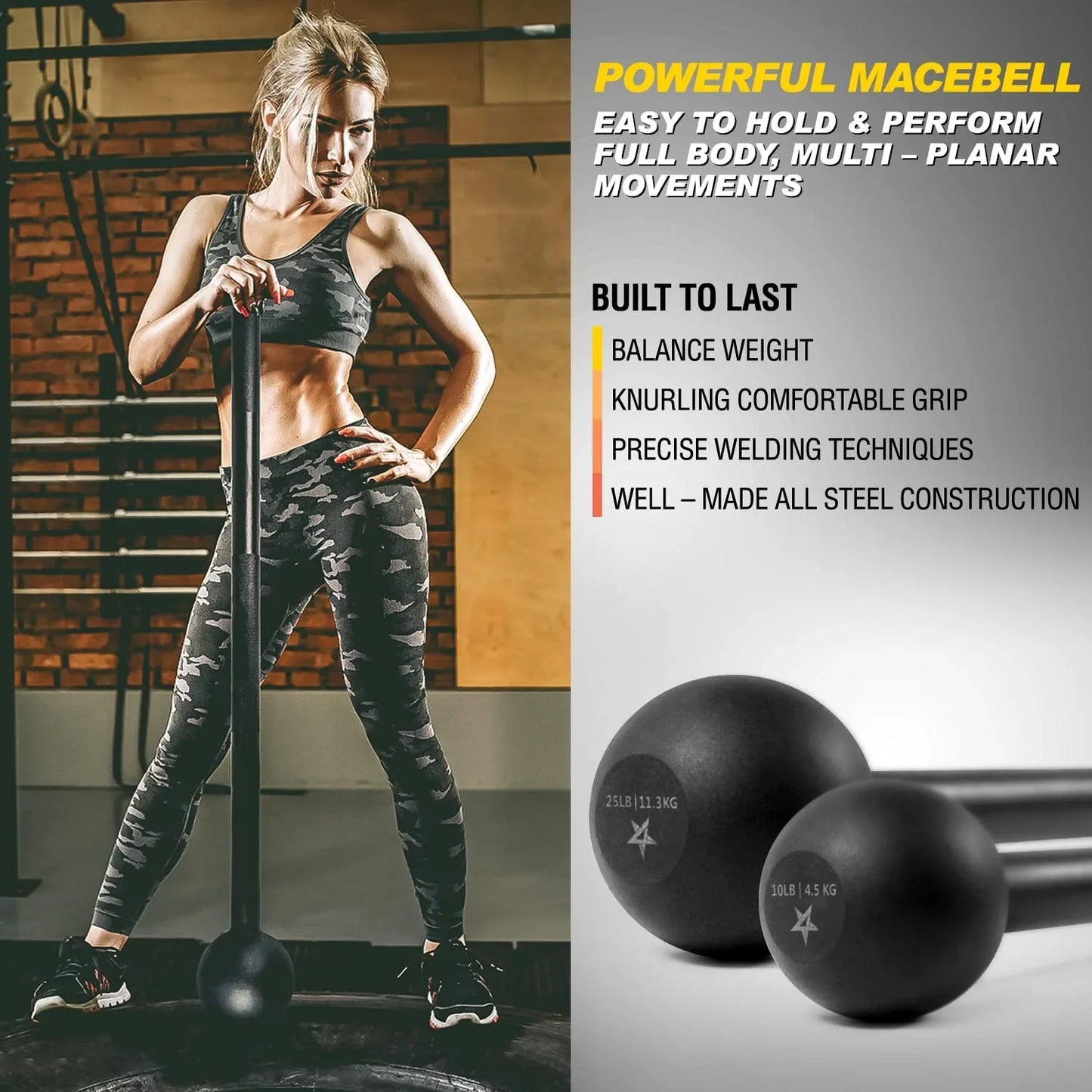 Woman in gym holding steel macebell, fitness equipment with all-steel construction and knurled grip