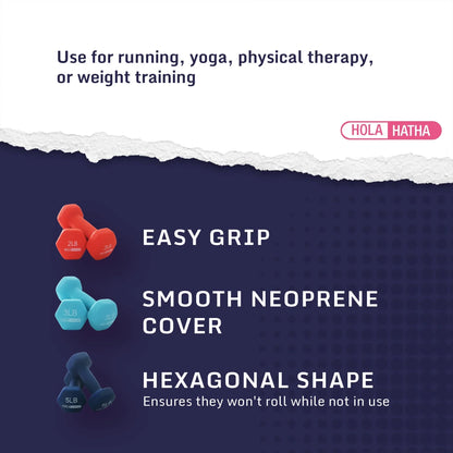 Colorful neoprene dumbbells with easy grip, hexagonal shape, ideal for fitness and training