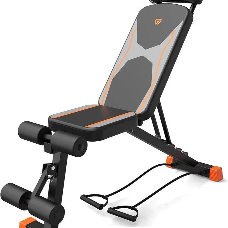 Adjustable workout bench with foam rollers and resistance bands for home gym fitness