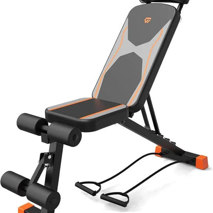 Adjustable workout bench with foam rollers and resistance bands for home gym fitness
