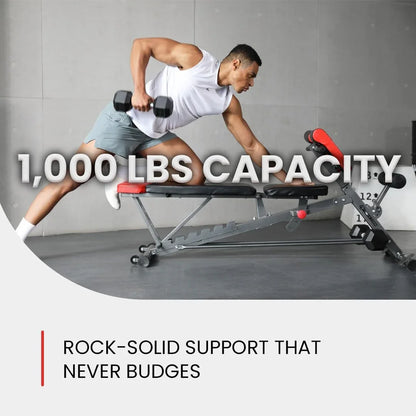 Man using adjustable weight bench for dumbbell row in modern home gym, 1000 lbs capacity.