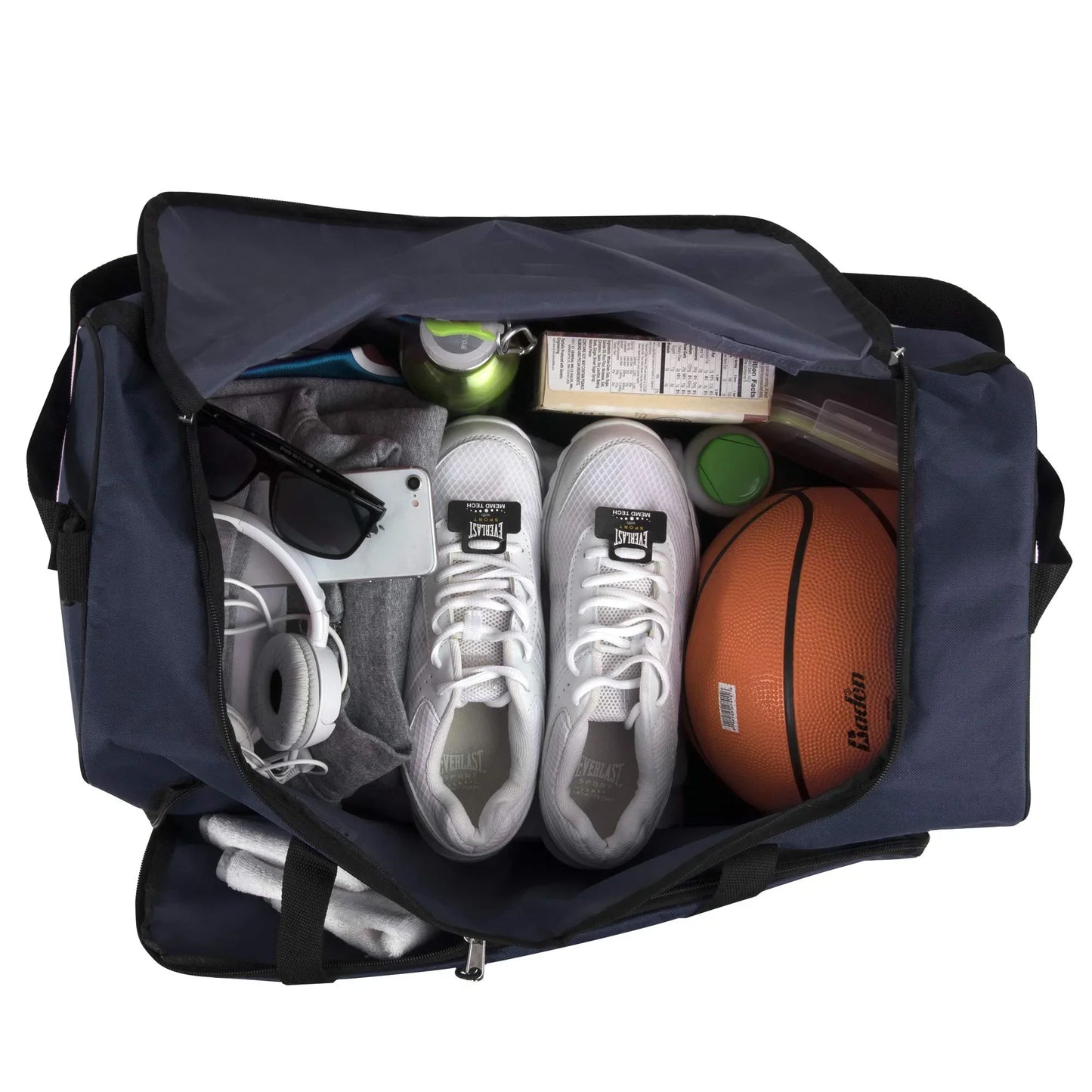 Open gym bag with white athletic shoes, basketball, sunglasses, water bottle, and workout gear