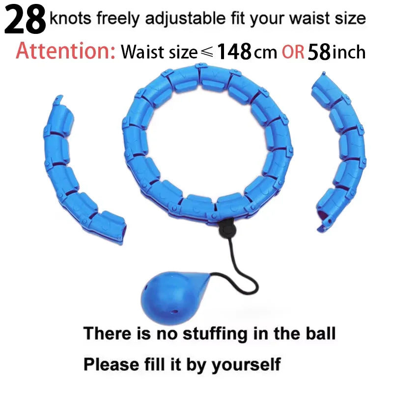 Adjustable blue weighted hula hoop with 28 detachable links for waist sizes up to 58 inches.