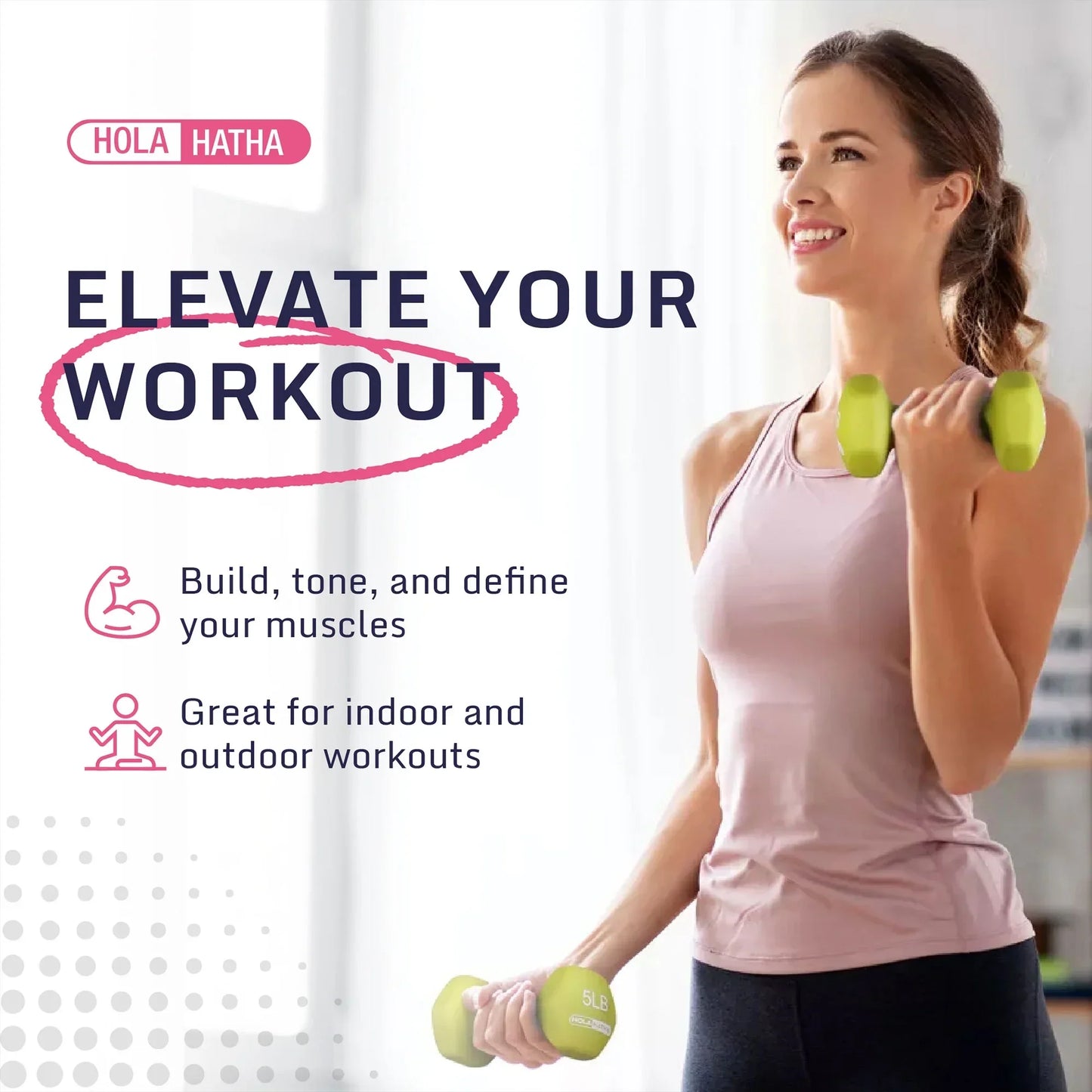 Woman lifting green dumbbells indoors, fitness workout promo, muscle toning, home gym gear