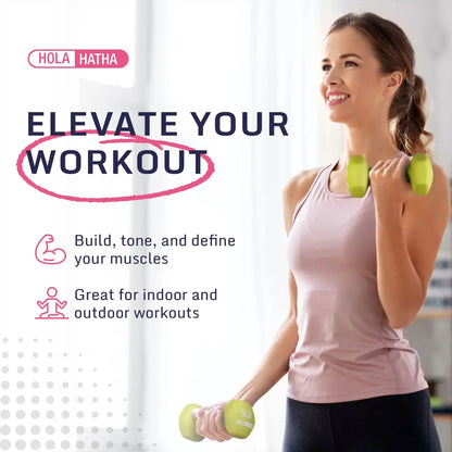Woman lifting green dumbbells indoors, fitness workout promo, muscle toning, home gym gear