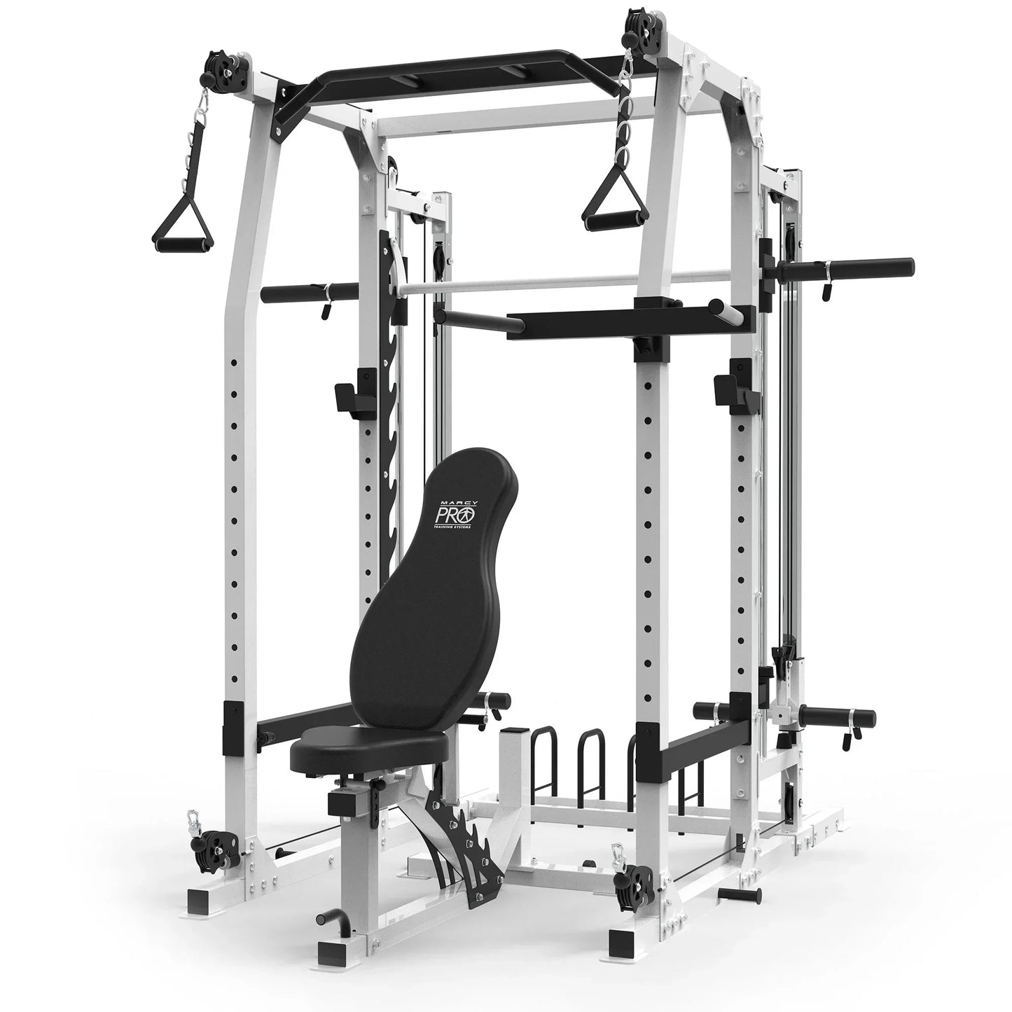 Multi-functional home gym power rack with adjustable weight bench and cable attachments