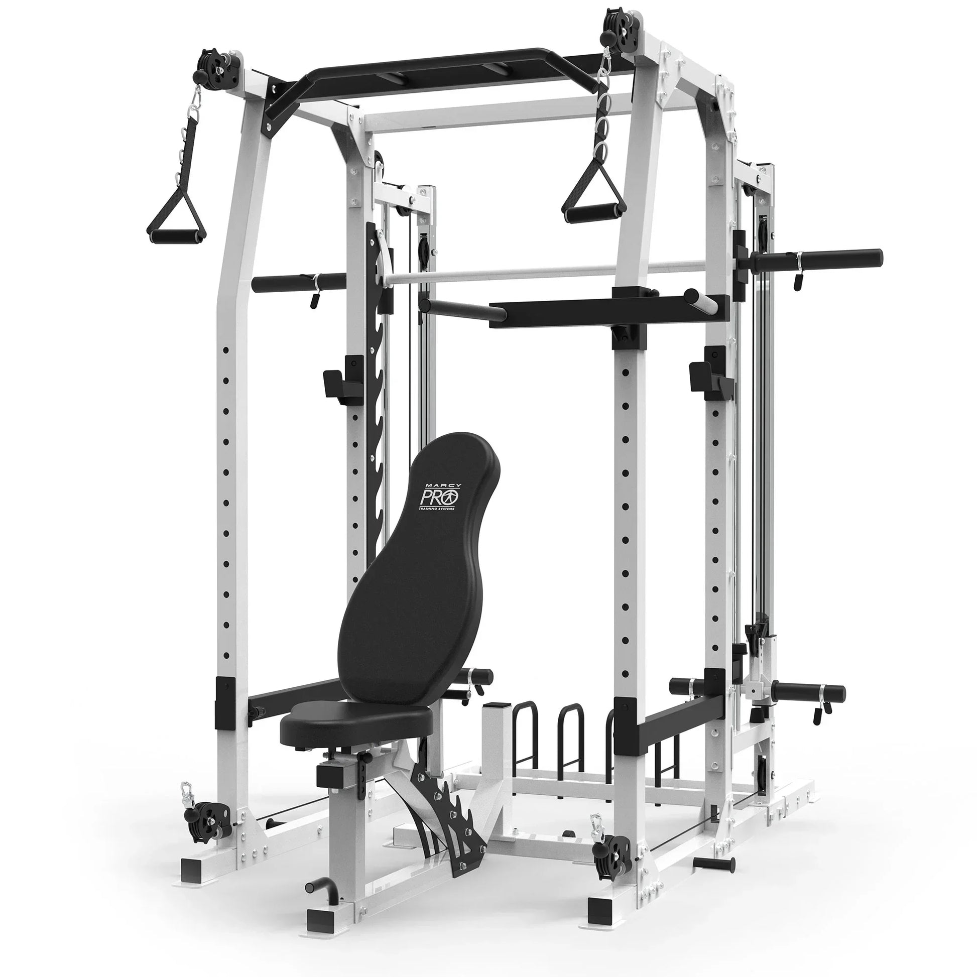 Multi-functional home gym power rack with adjustable weight bench and cable attachments