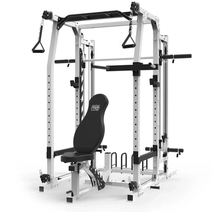 Multi-functional home gym power rack with adjustable weight bench and cable attachments
