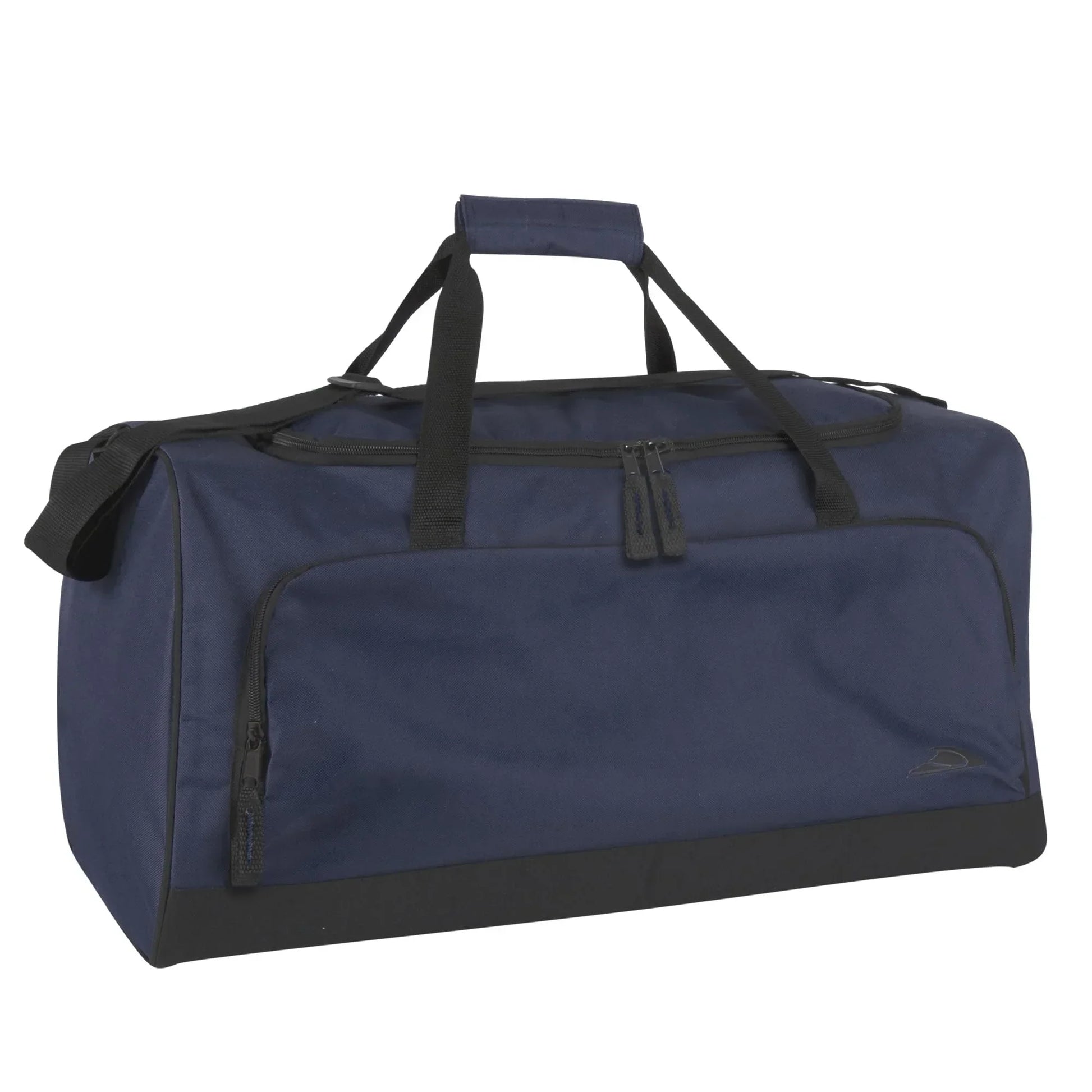 Navy blue gym duffel bag with black handles and front zipper pocket for athletic gear