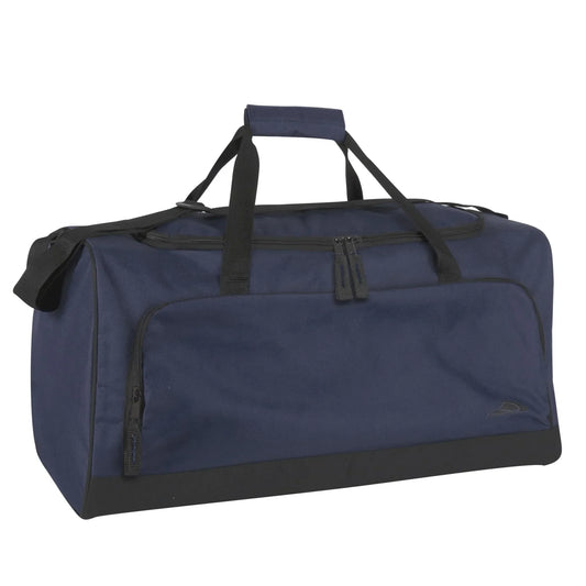 Navy blue gym duffel bag with black handles and front zipper pocket for athletic gear