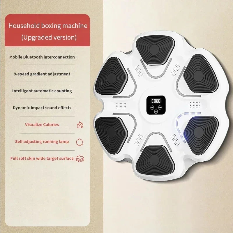 Bluetooth boxing trainer with digital display mounted on wall, features smart tracking and cushioned pads for fitness workouts.