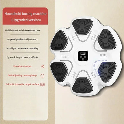 Bluetooth boxing trainer with digital display mounted on wall, features smart tracking and cushioned pads for fitness workouts.