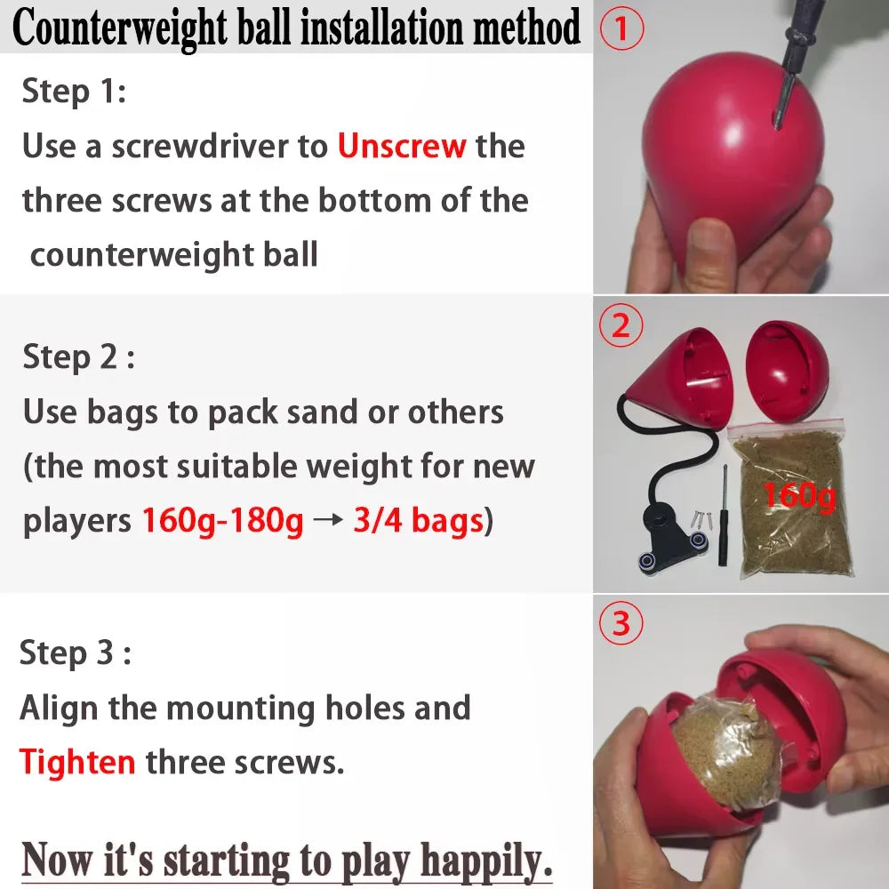Step-by-step counterweight ball installation guide with screwdriver, sandbags, and fitness accessory parts.