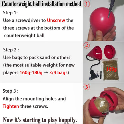 Step-by-step counterweight ball installation guide with screwdriver, sandbags, and fitness accessory parts.