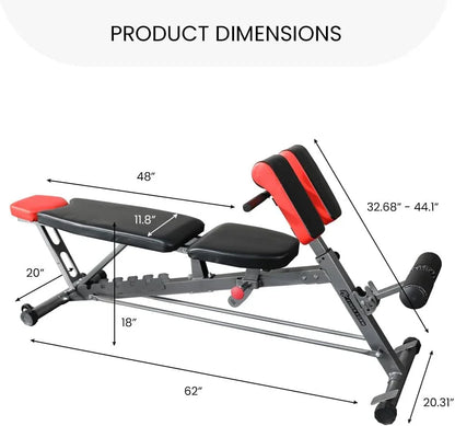Adjustable workout bench with padded backrest, black and red seat, labeled gym bench dimensions.