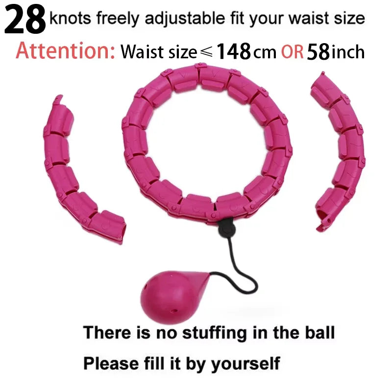 Adjustable pink smart weighted hula hoop with 28 detachable links and fillable ball, fits up to 148cm waist.