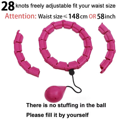Adjustable pink smart weighted hula hoop with 28 detachable links and fillable ball, fits up to 148cm waist.