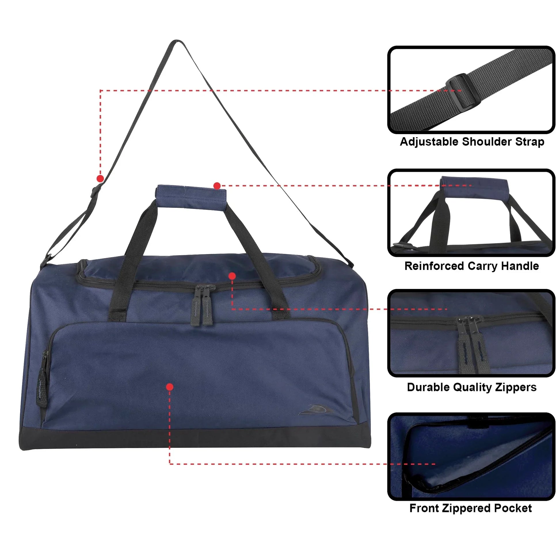Navy blue gym duffel bag with adjustable strap, reinforced handle, quality zippers, and zippered pocket