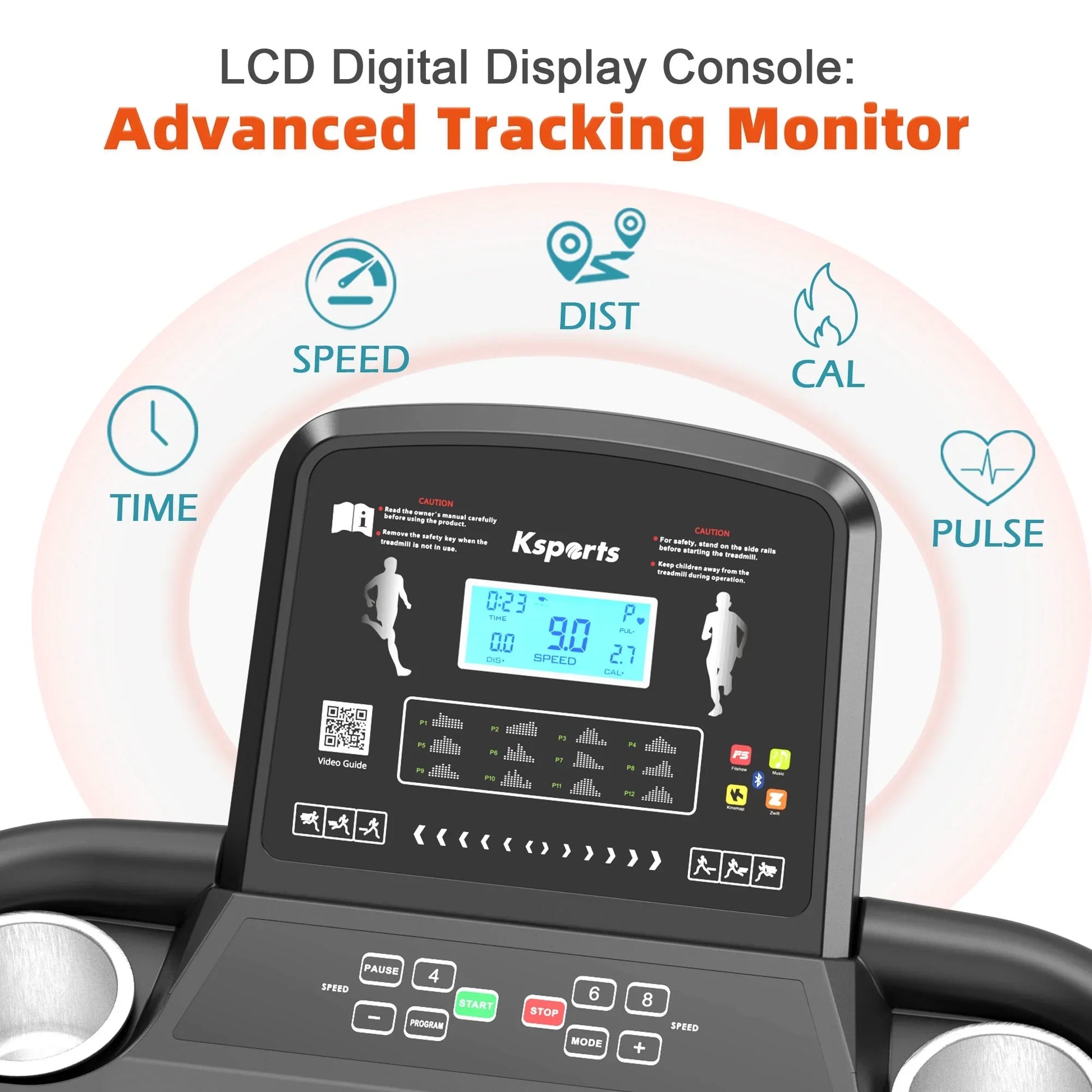 Treadmill LCD digital display console with advanced tracking monitor for speed, distance, calories, time, and pulse.