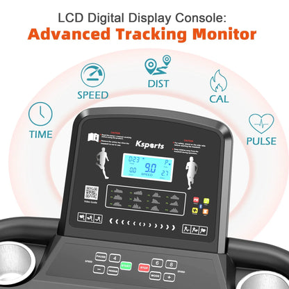 Treadmill LCD digital display console with advanced tracking monitor for speed, distance, calories, time, and pulse.