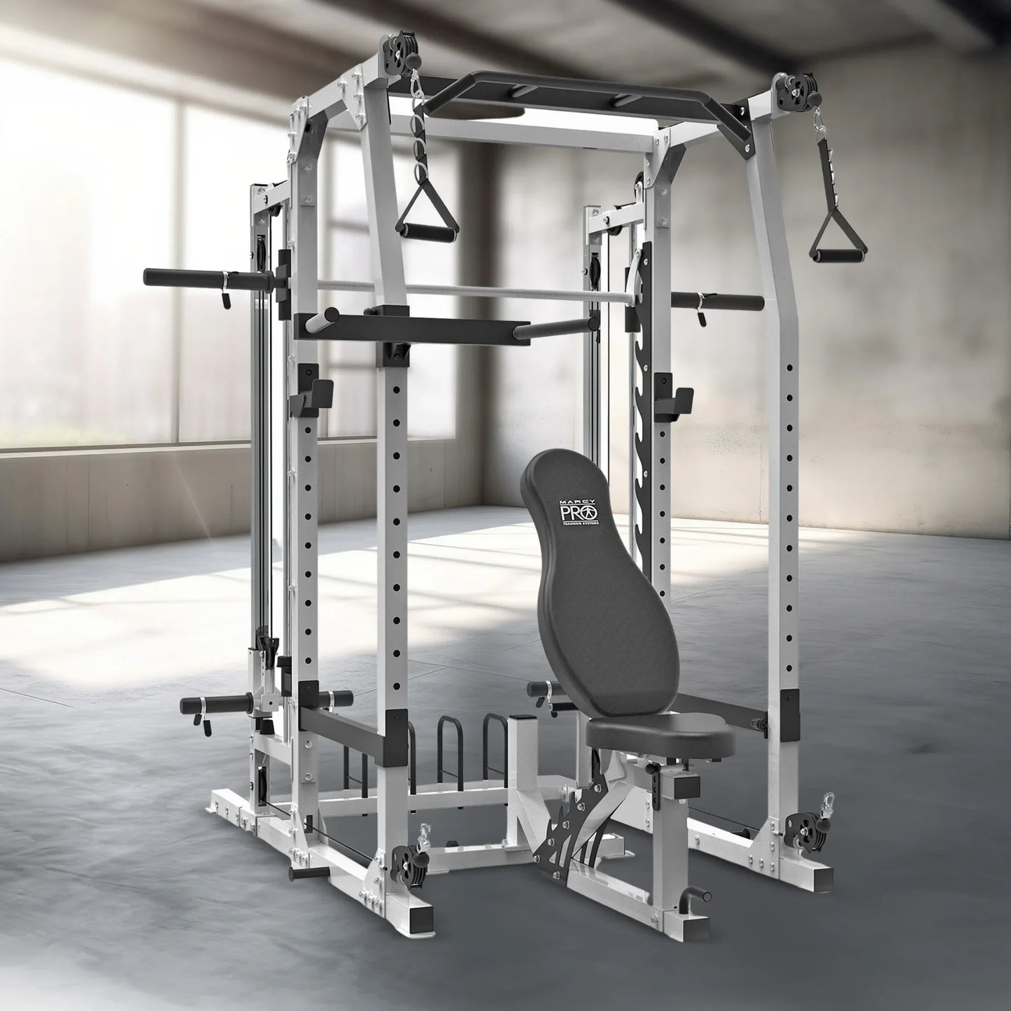 Adjustable weight bench and power rack gym equipment in a bright home gym setting