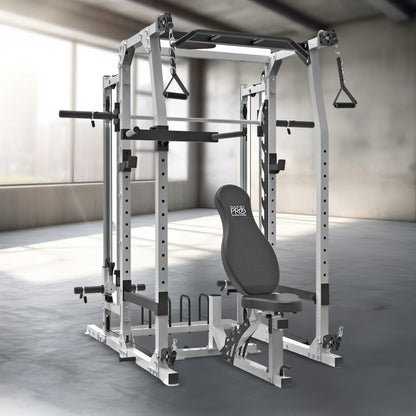 Adjustable weight bench and power rack gym equipment in a bright home gym setting