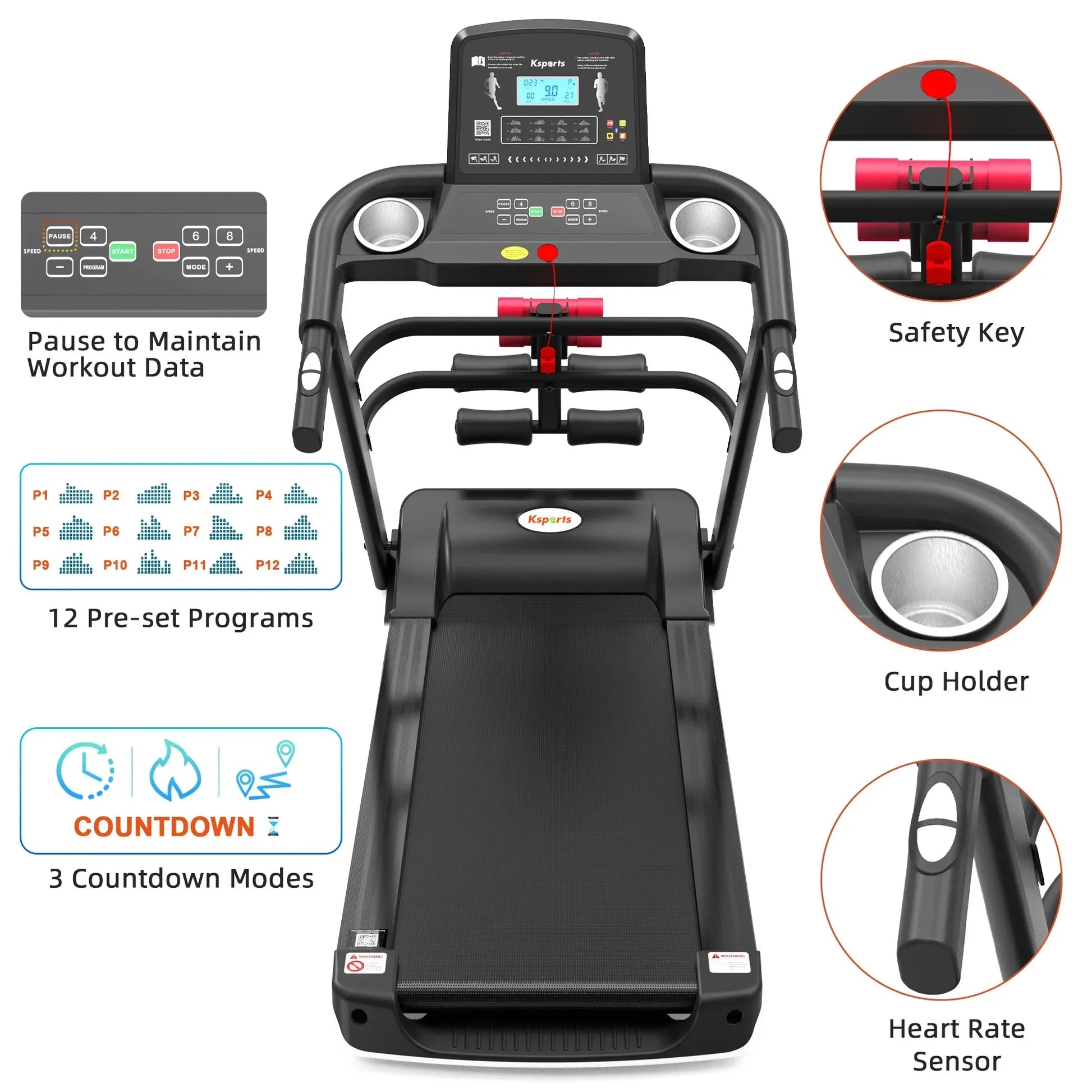 Folding treadmill with digital display, cup holders, safety key, heart rate sensor, 12 workout programs