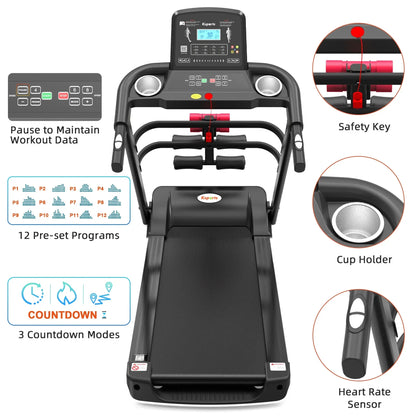 Folding treadmill with digital display, cup holders, safety key, heart rate sensor, 12 workout programs
