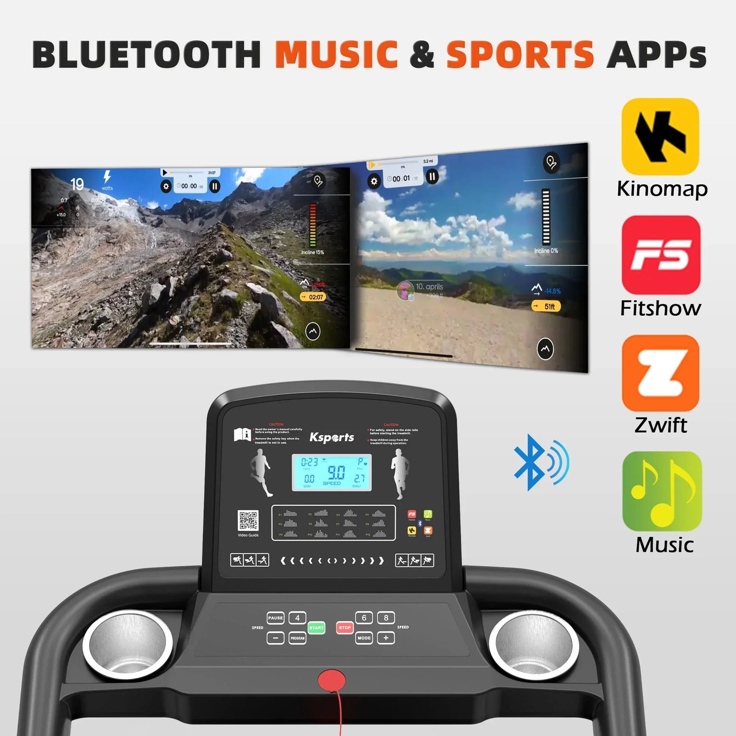 Bluetooth treadmill display with sports app integration including Kinomap, Fitshow, Zwift, and music