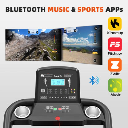 Bluetooth treadmill display with sports app integration including Kinomap, Fitshow, Zwift, and music