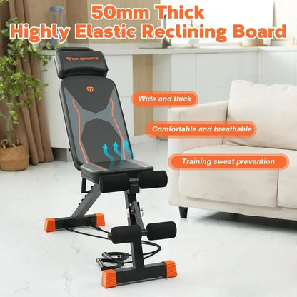 Adjustable fitness bench with thick cushioning, headrest, and resistance bands in a home gym setting