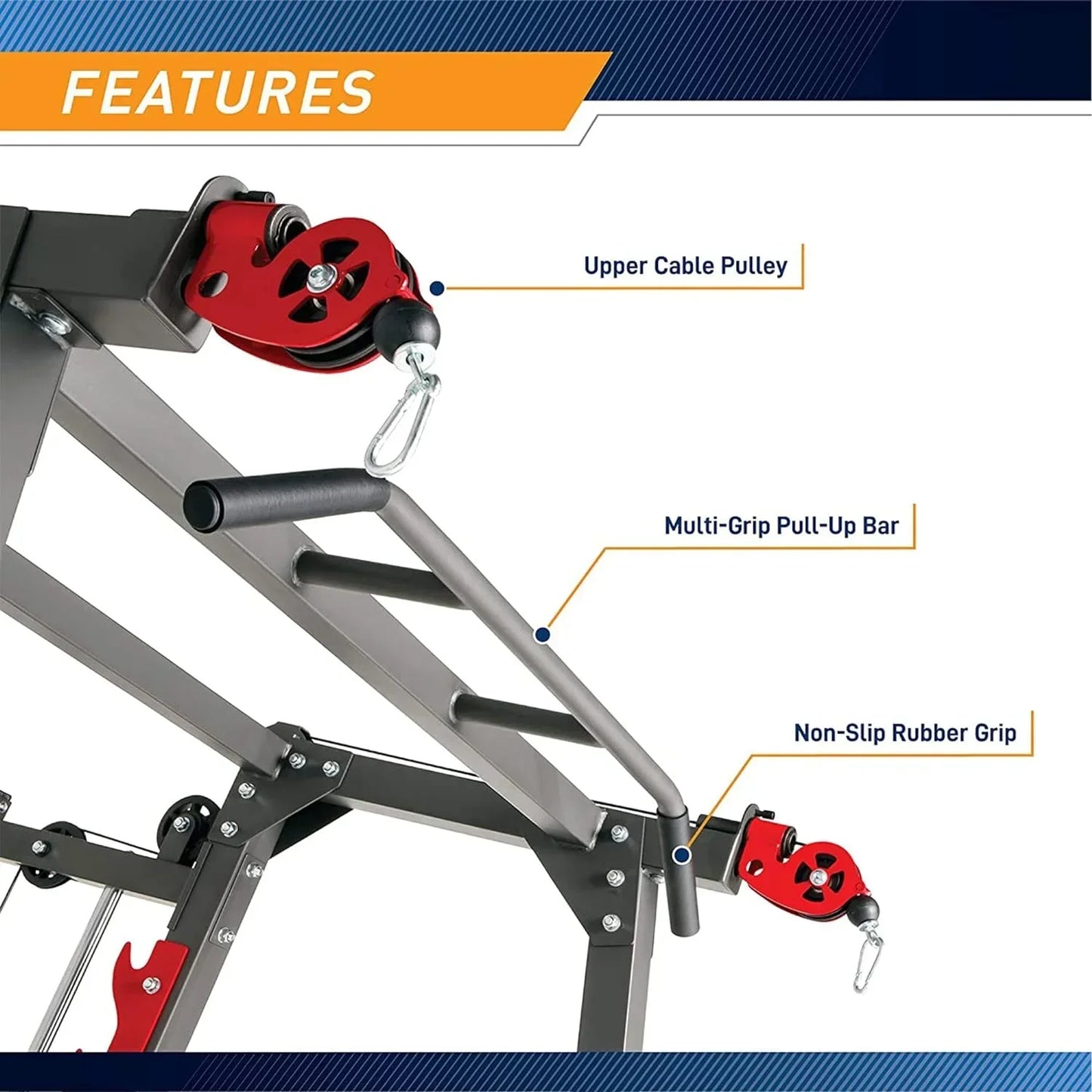 Multi-grip pull-up bar with non-slip rubber grip and upper cable pulley for home gym workouts