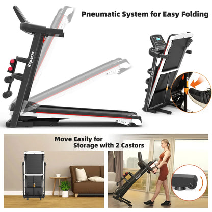 Folding treadmill with pneumatic system, easy storage, and transport wheels in home gym