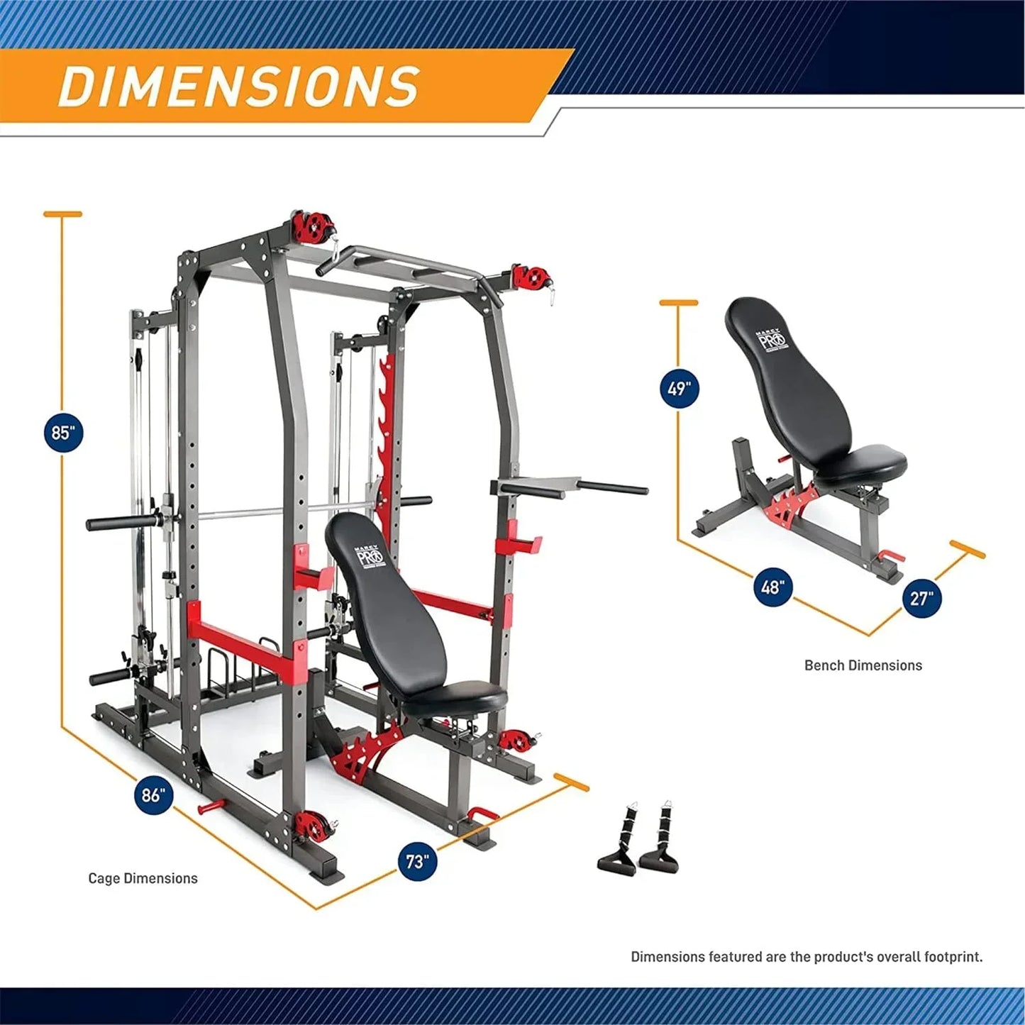 Home gym power rack with adjustable bench, showing detailed equipment dimensions.